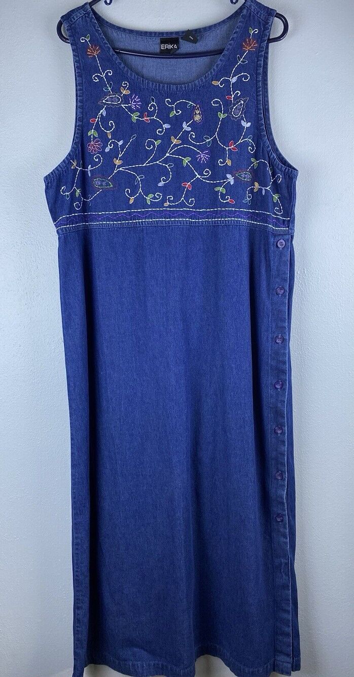 Erika Sz L Cotton Denim Embroidered Side Button Sleeveless Shift Dress